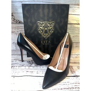 New Lita By Ciara Black Italian Leather Solid Point Toe Pump‎ Size 41/9.5 Women
